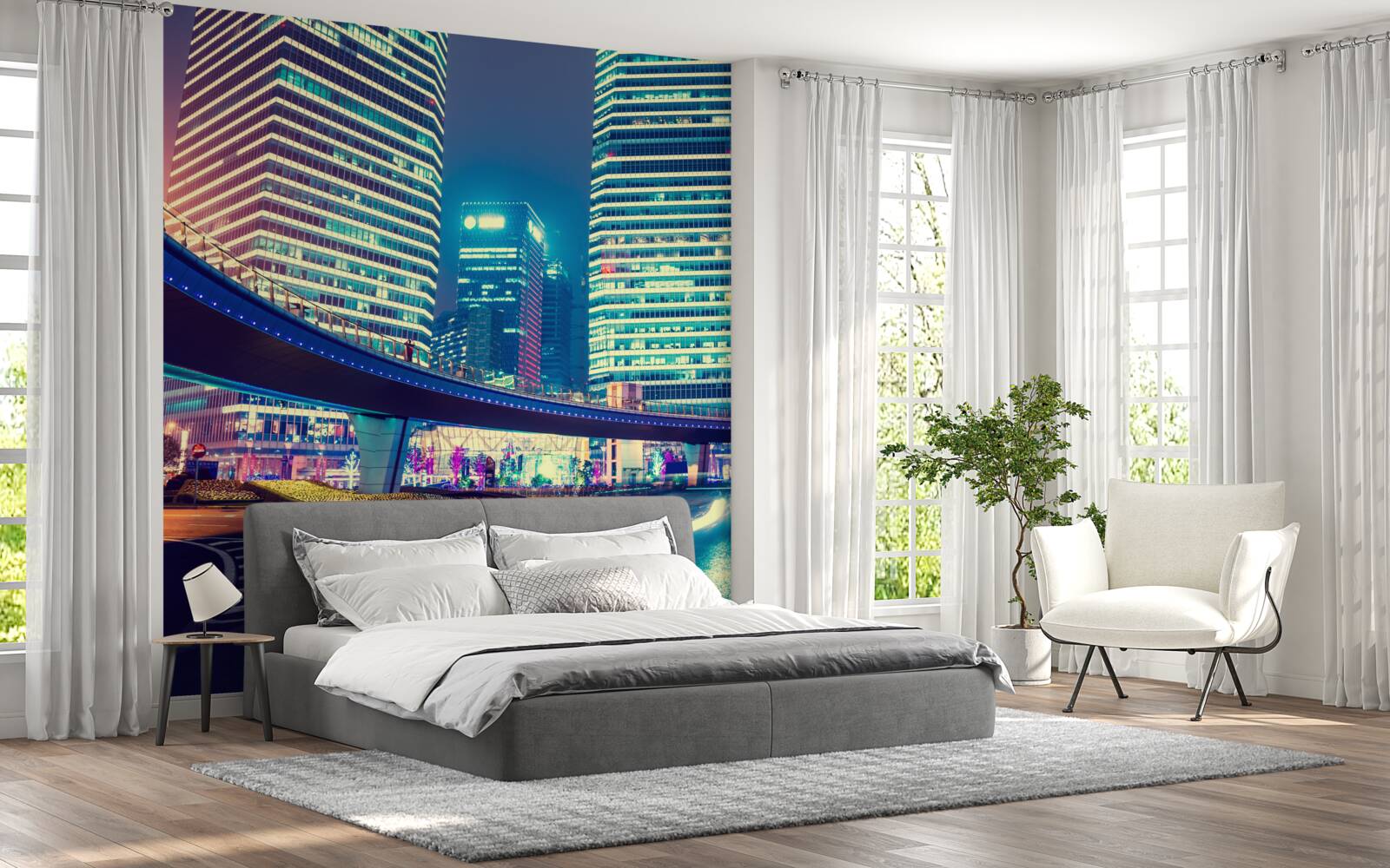 Fototapet oraș de noapte cu zgârie-nori și un pod