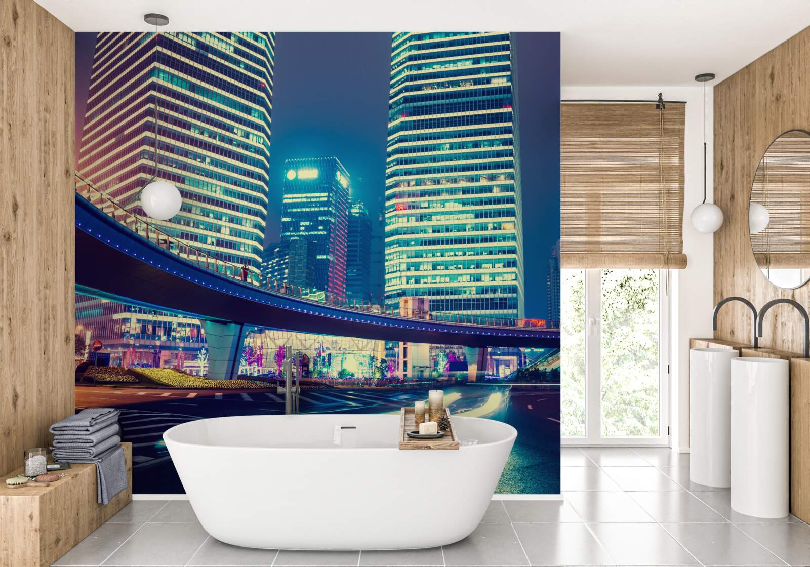 Fototapet oraș de noapte cu zgârie-nori și un pod