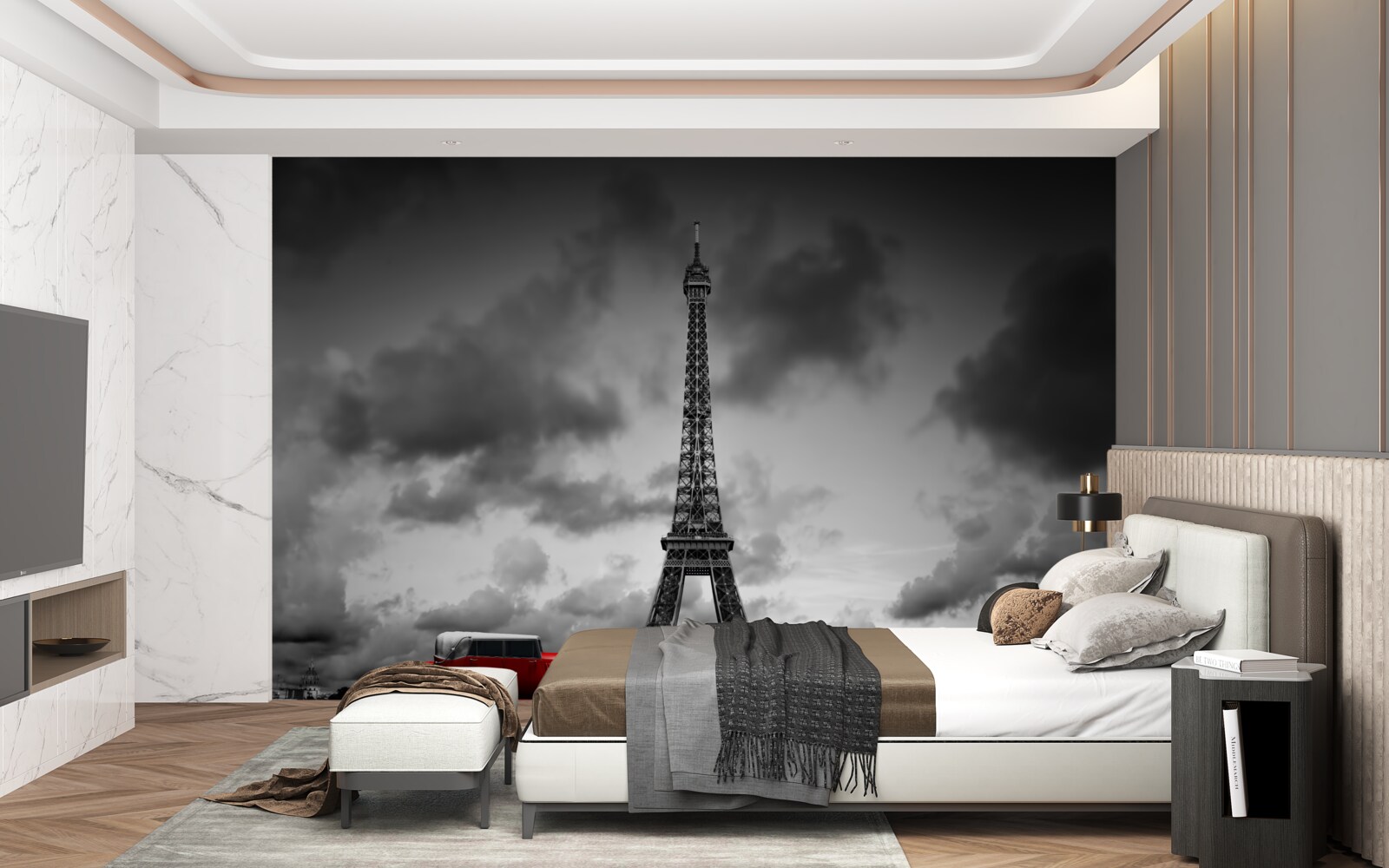 Fototapet masina rosie langa turnul eiffel