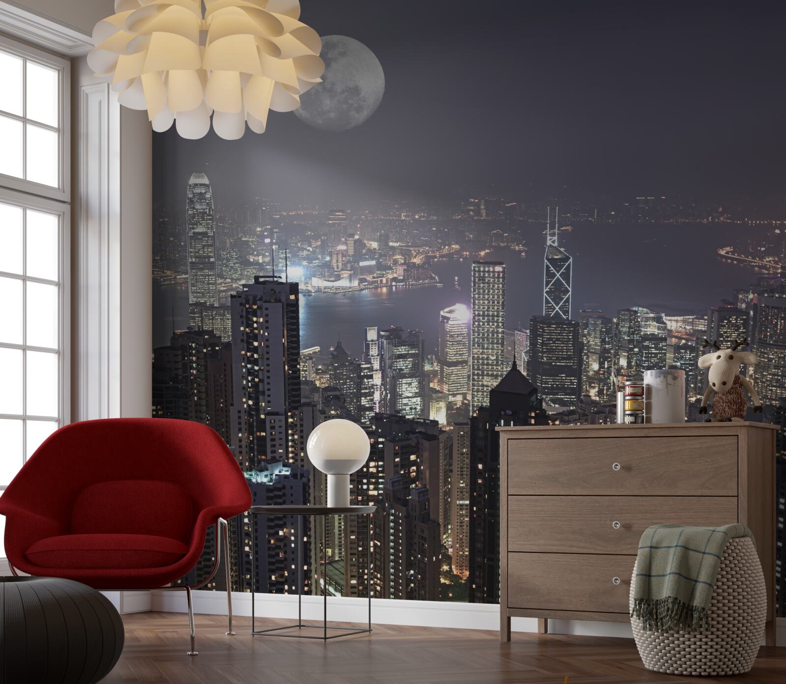 Fototapet luna de la miezul nopții atârnă peste hong kong