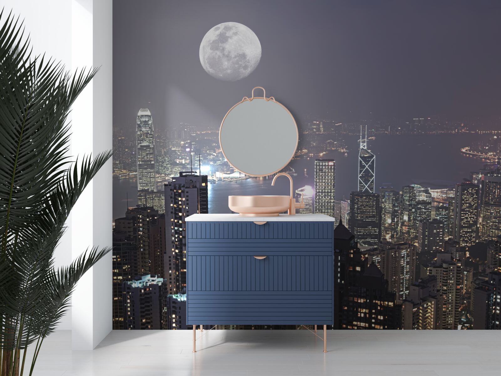 Fototapet luna de la miezul nopții atârnă peste hong kong