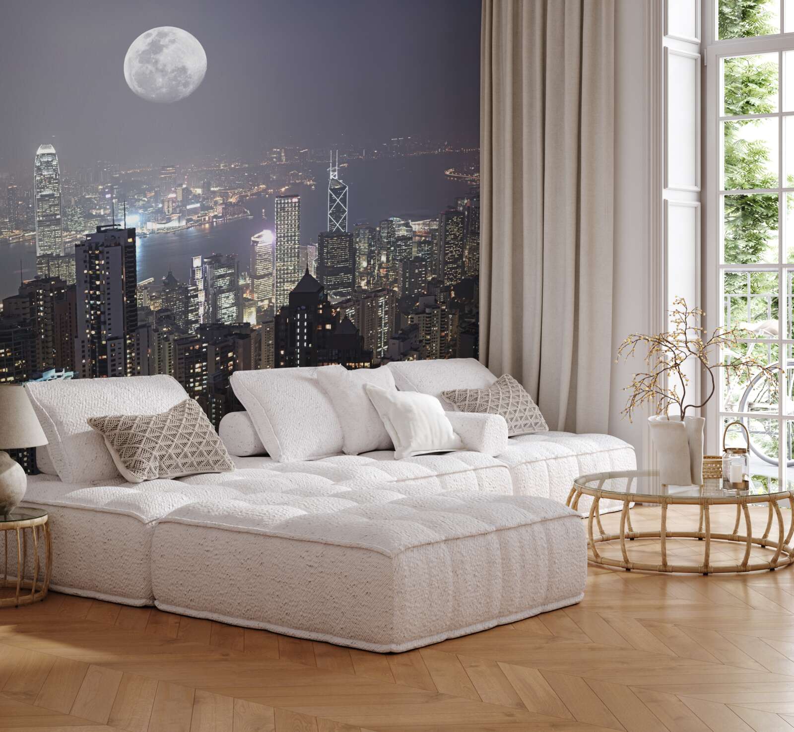 Fototapet luna de la miezul nopții atârnă peste hong kong