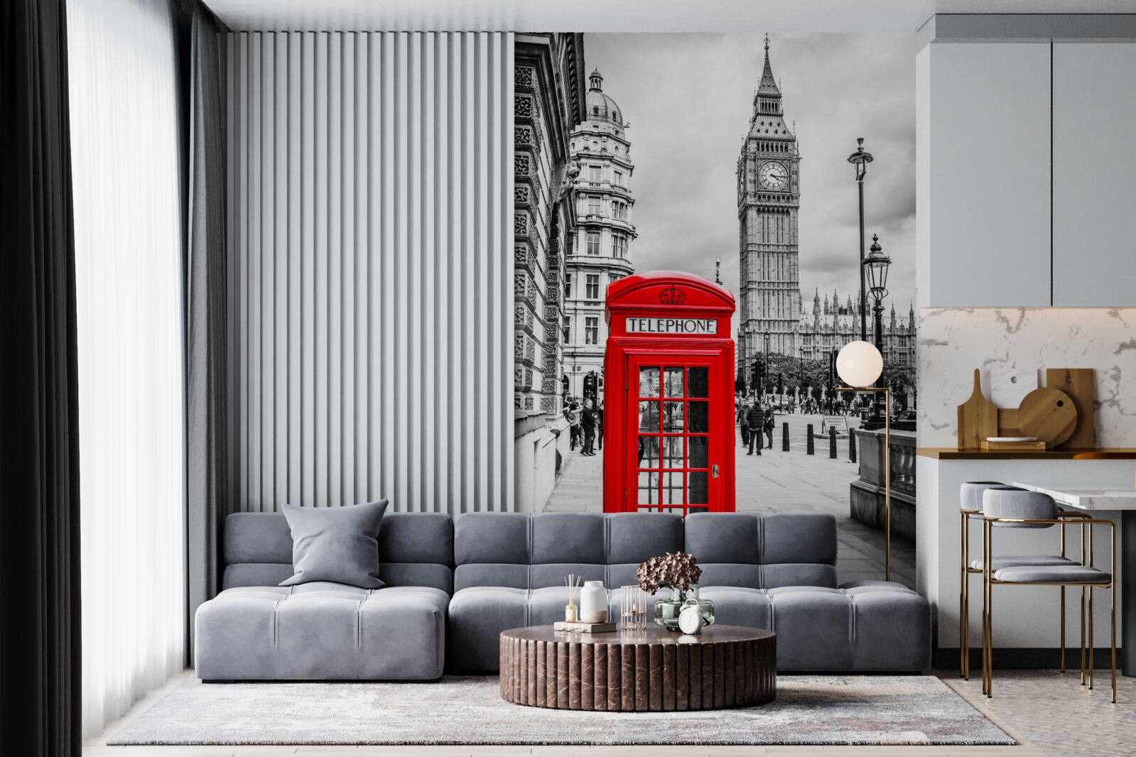 Fototapet cabină telefonică roșie în fața Big Ben în fundal