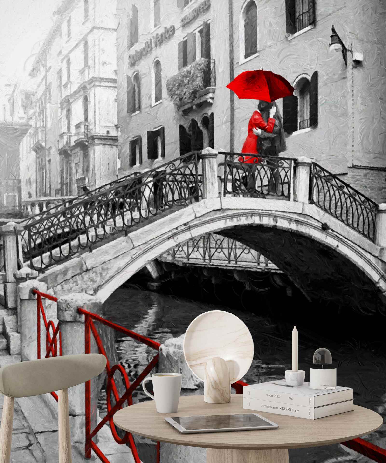 Fototapet fotografie alb-negru a cuplului pe podul din Veneția