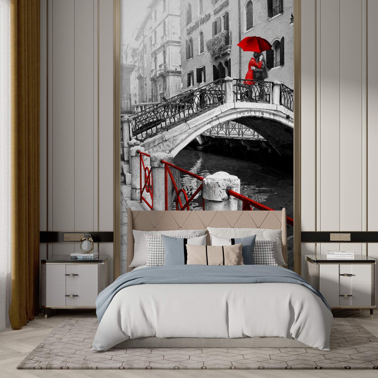 Fototapet fotografie alb-negru a cuplului pe podul din Veneția