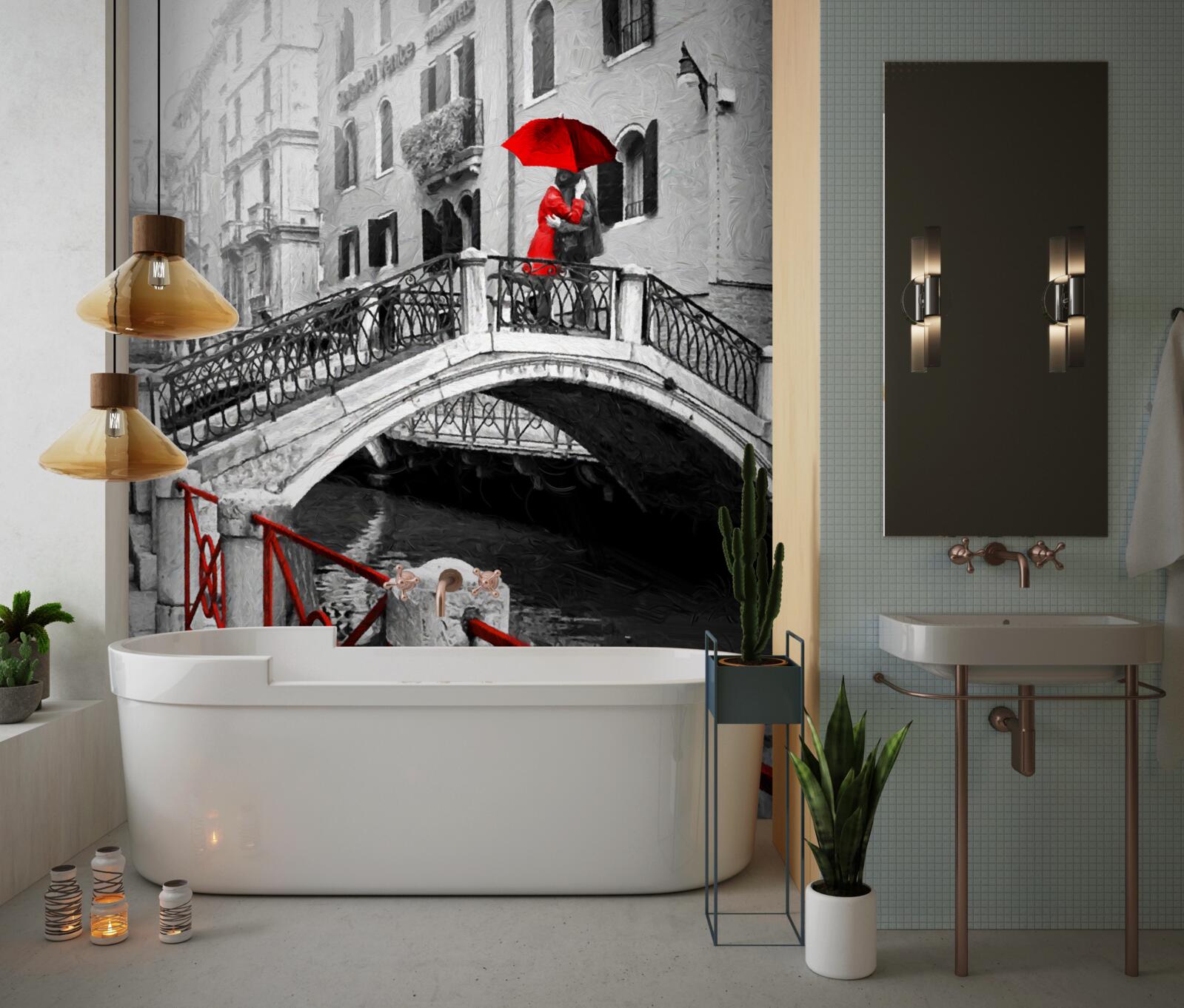 Fototapet fotografie alb-negru a cuplului pe podul din Veneția