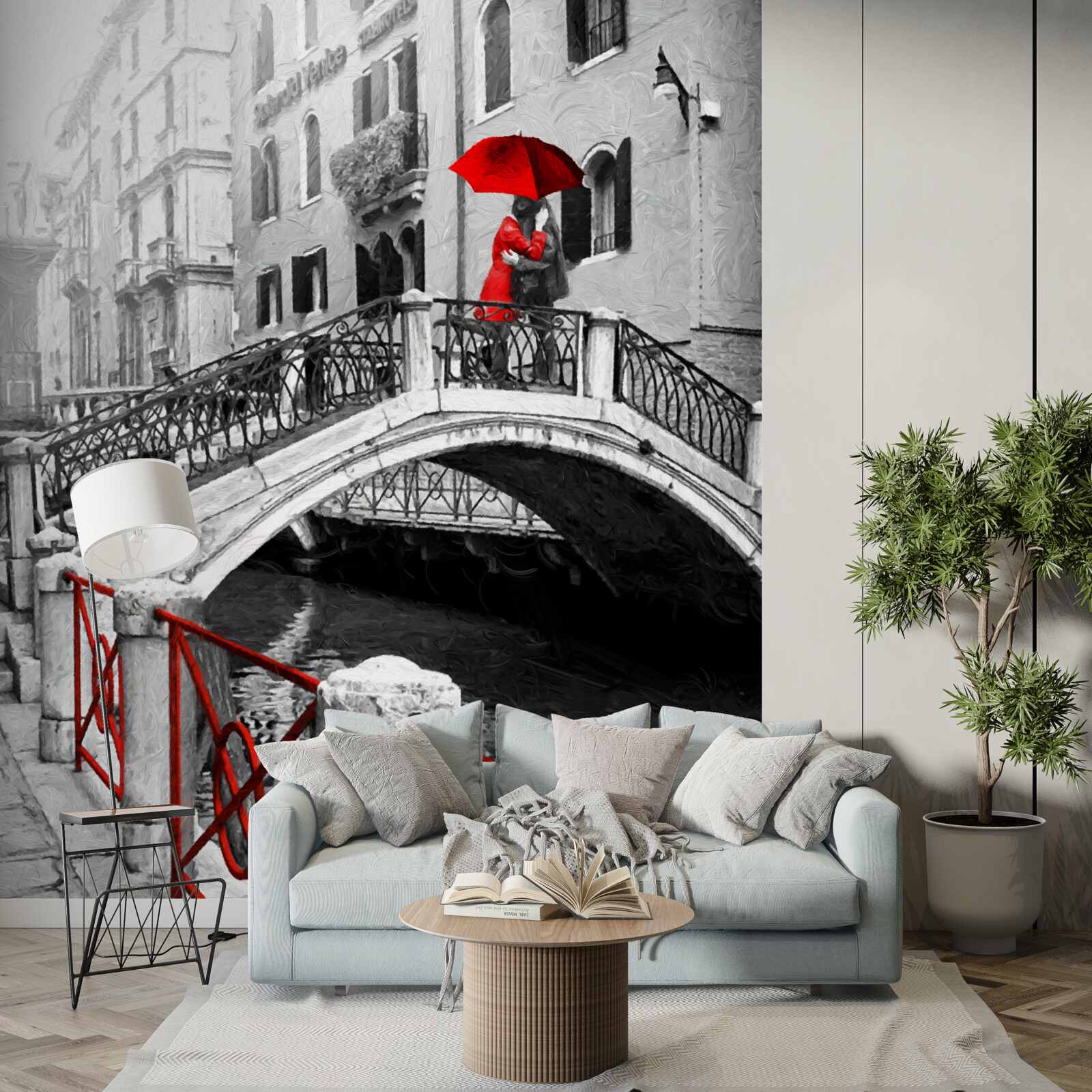 Fototapet fotografie alb-negru a cuplului pe podul din Veneția