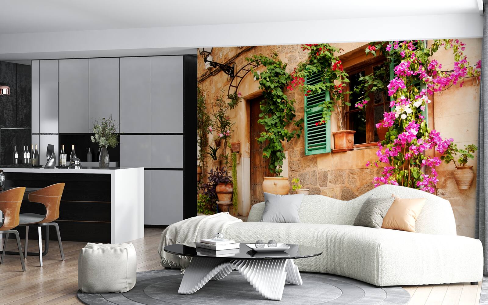 Fototapet plante în containere pe un pavaj vechi