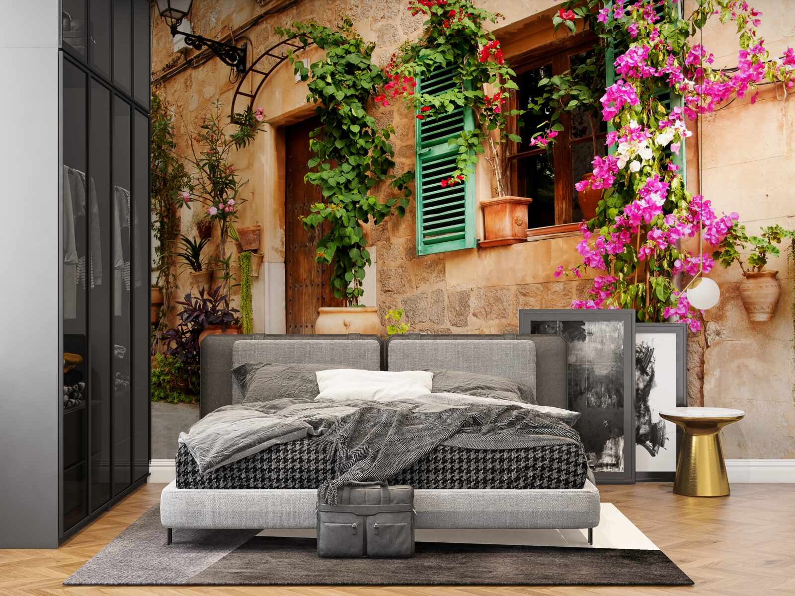 Fototapet plante în containere pe un pavaj vechi