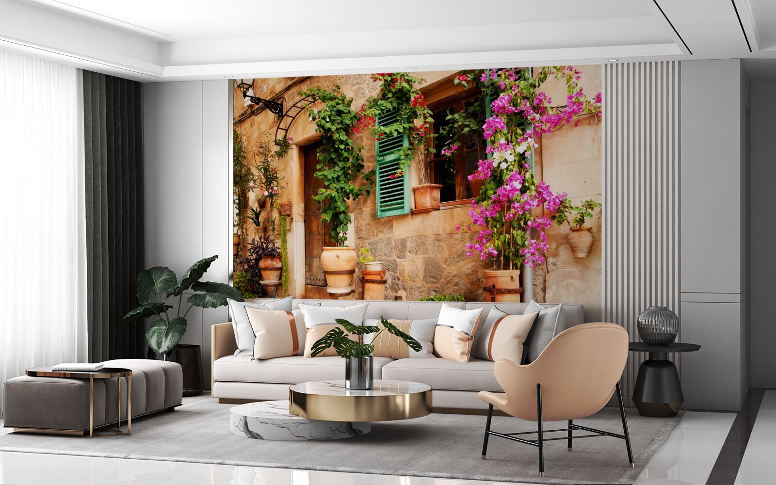 Fototapet plante în containere pe un pavaj vechi