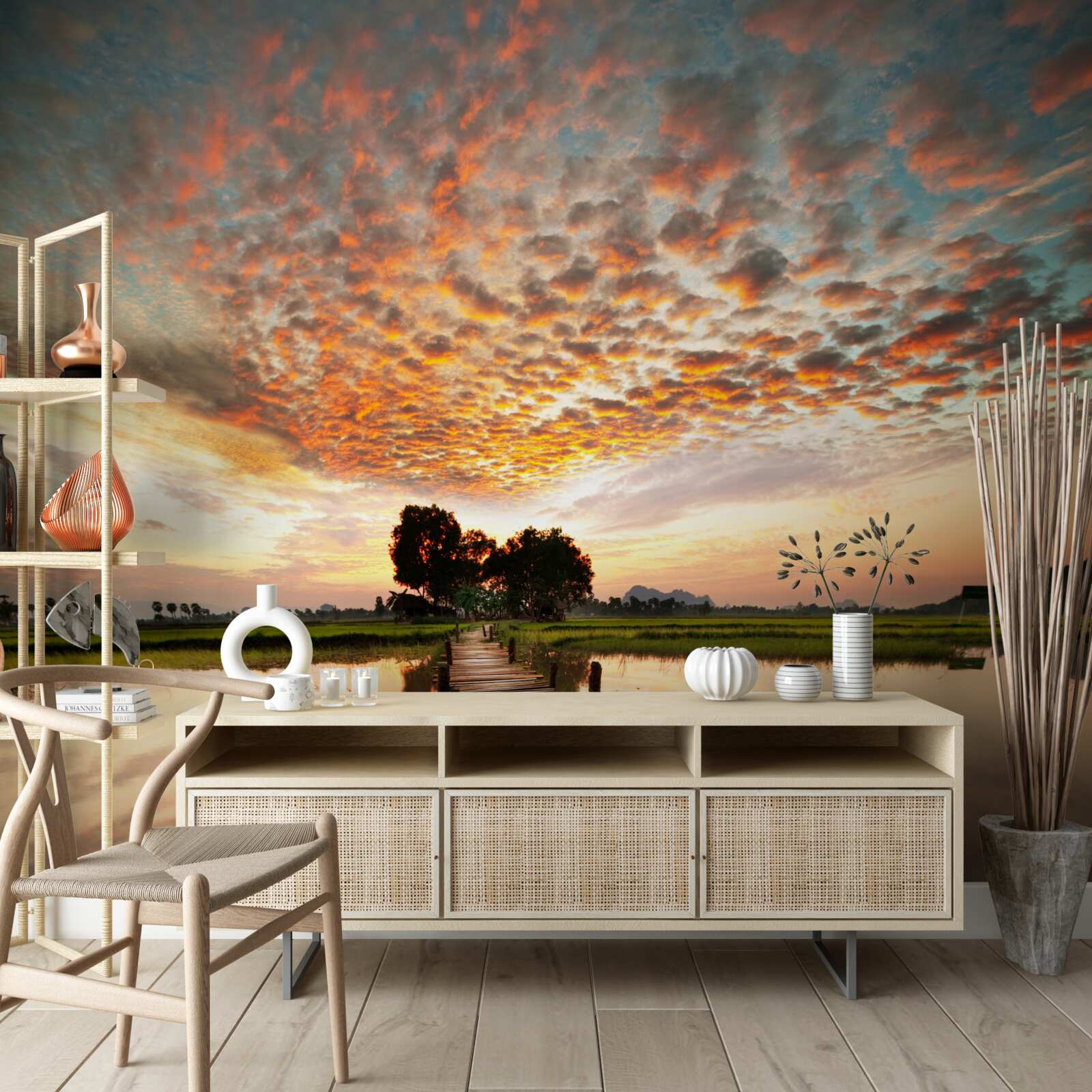 Fototapet chei de lemn pe un lac în soarele de apus