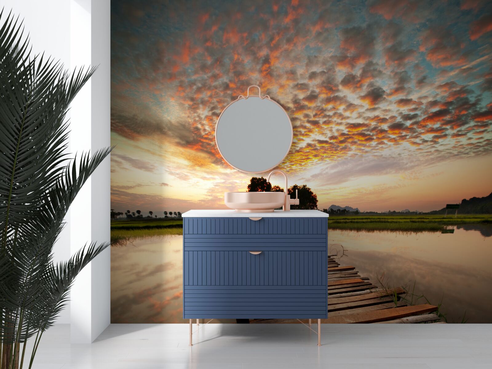 Fototapet chei de lemn pe un lac în soarele de apus