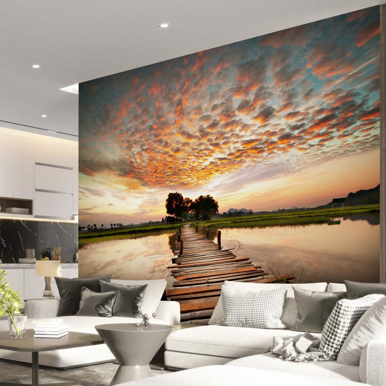 Fototapet chei de lemn pe un lac în soarele de apus