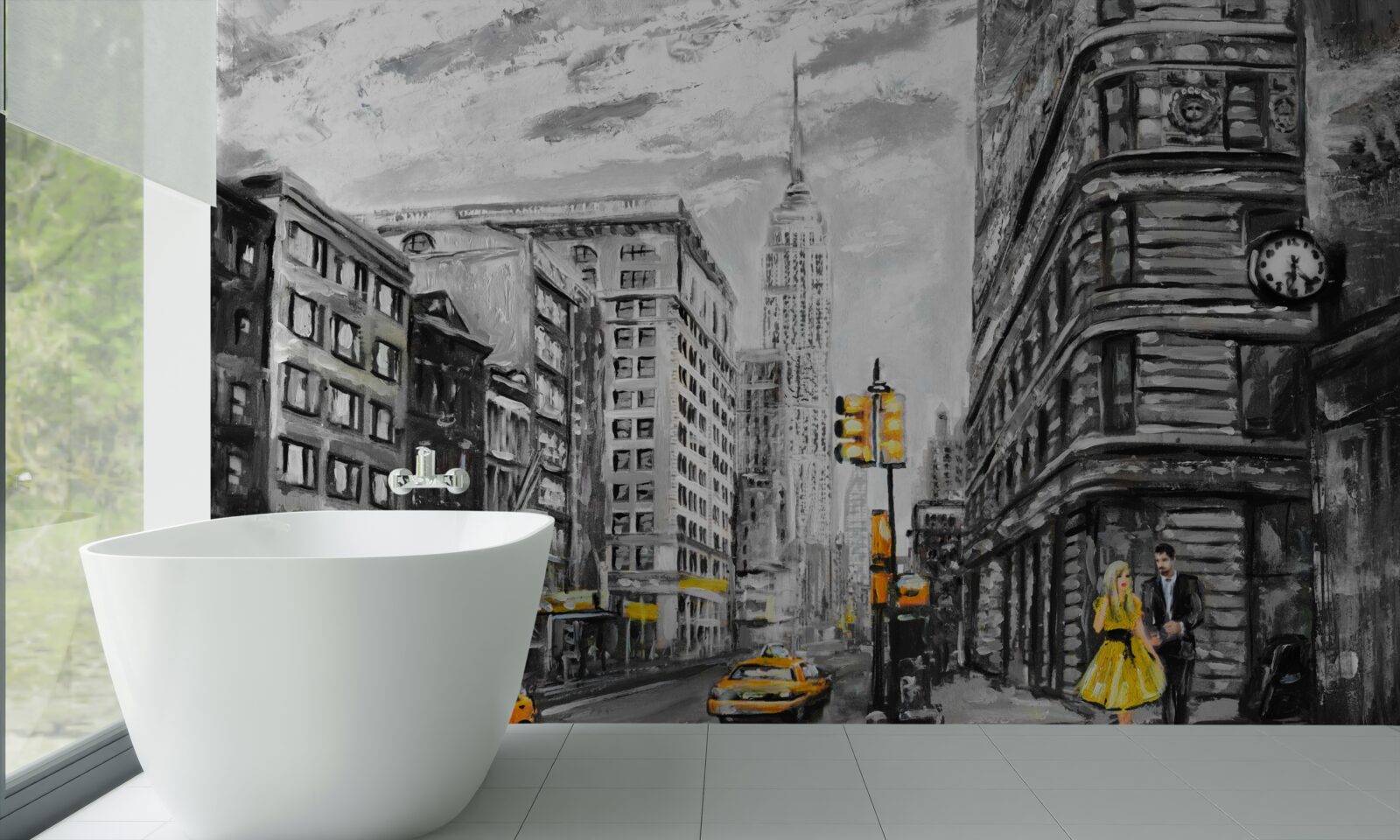 Fototapet Taxiuri galbene pe străzile gri ale orașului