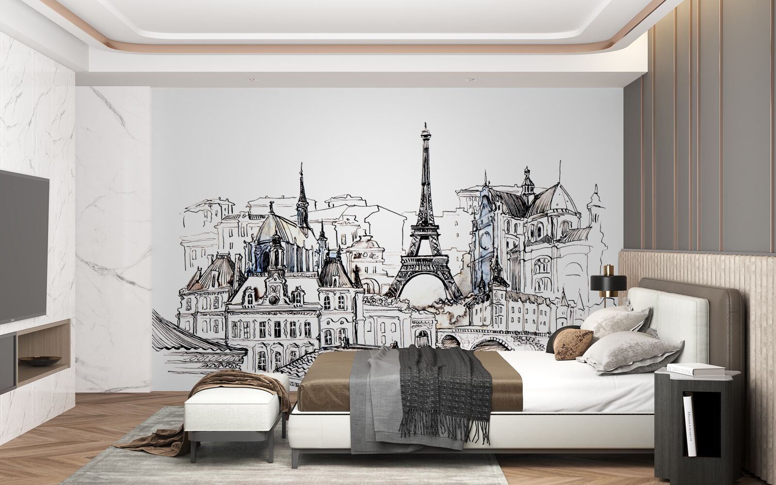 Fototapet locuri proeminente din paris, desenate în creion