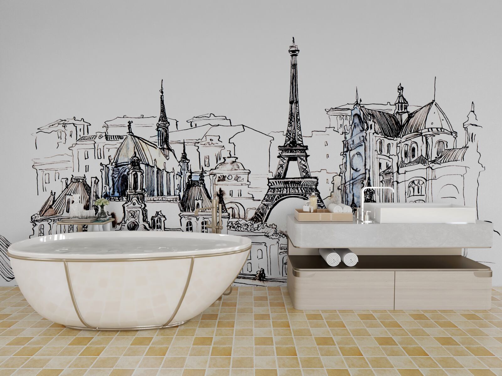 Fototapet locuri proeminente din paris, desenate în creion