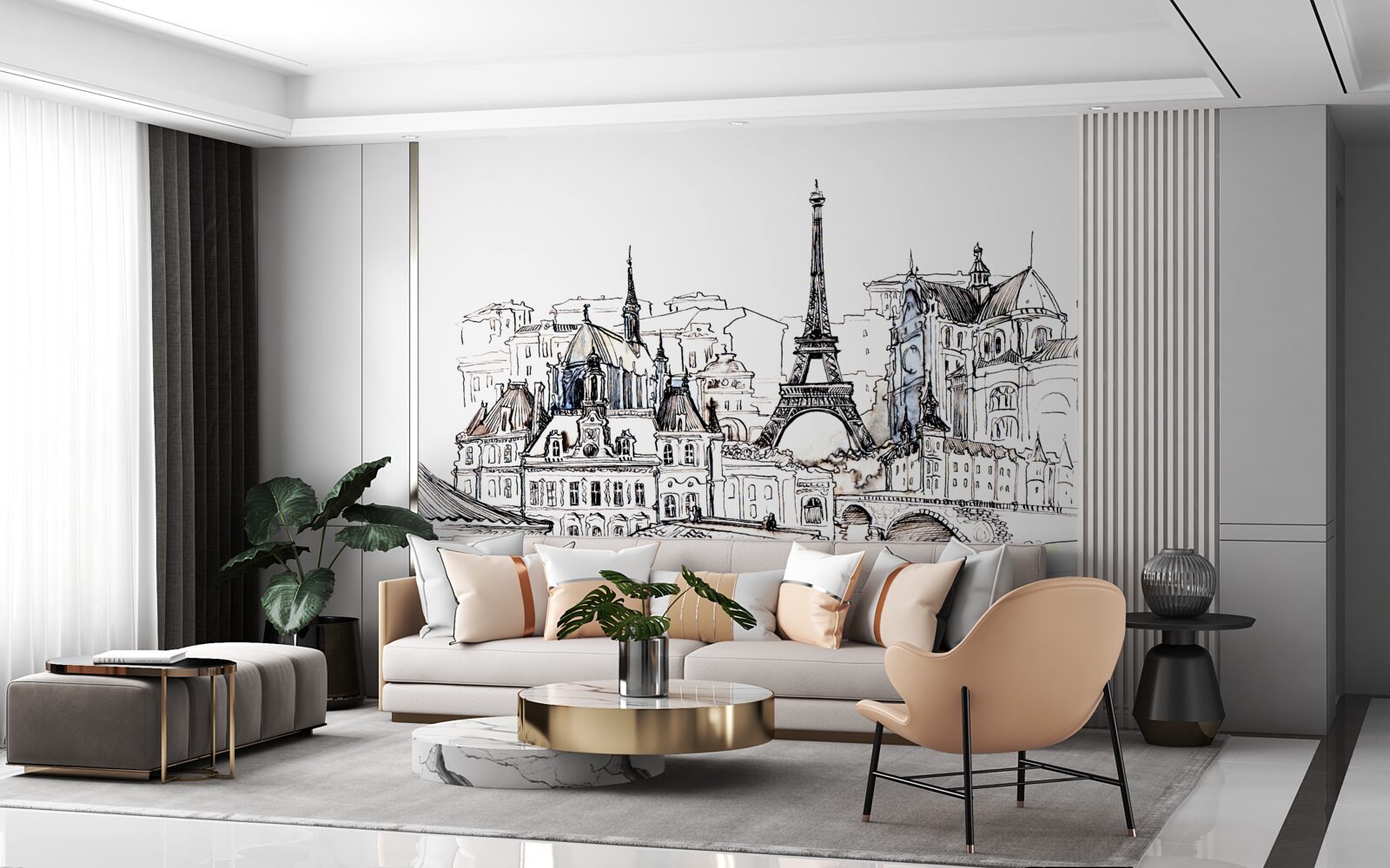 Fototapet locuri proeminente din paris, desenate în creion