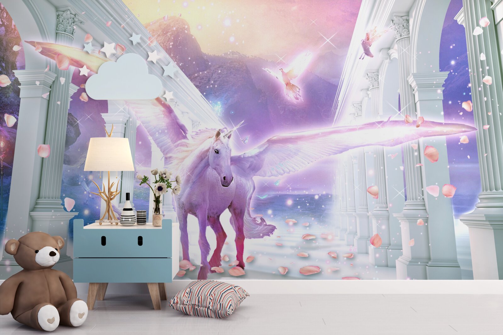 Fototapet un unicorn magic plutind pe cer