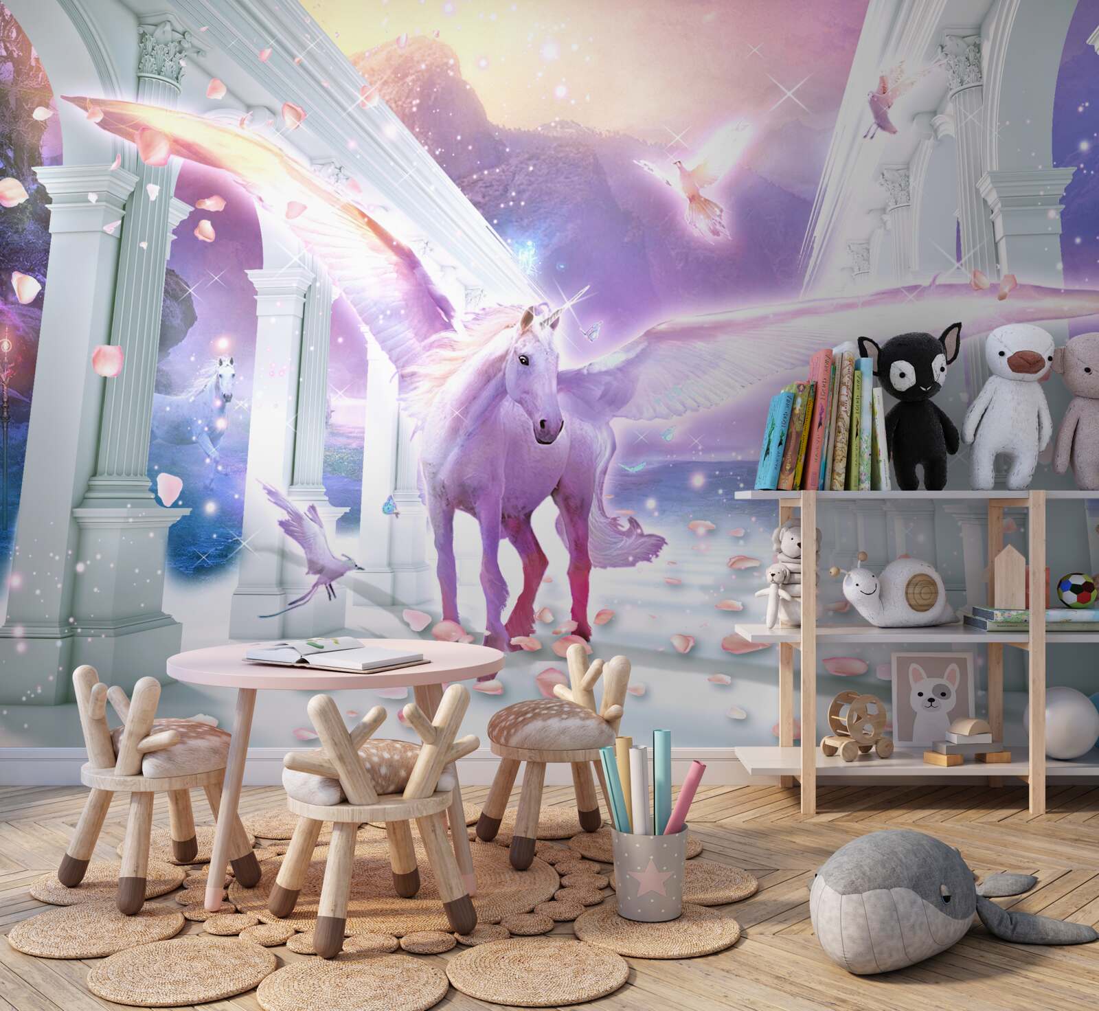 Fototapet un unicorn magic plutind pe cer