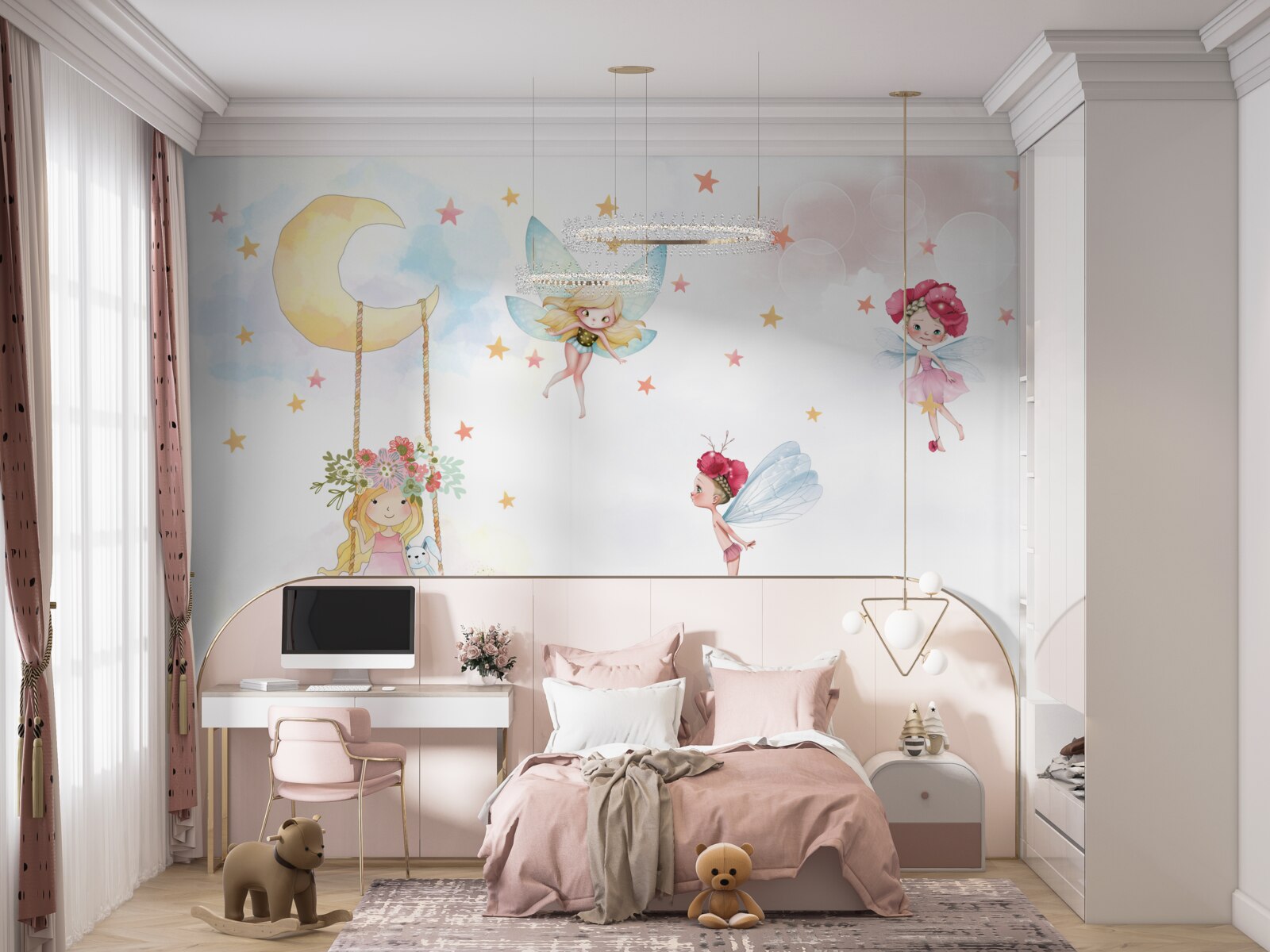 Fototapet copil pe un leagăn și creaturi magice