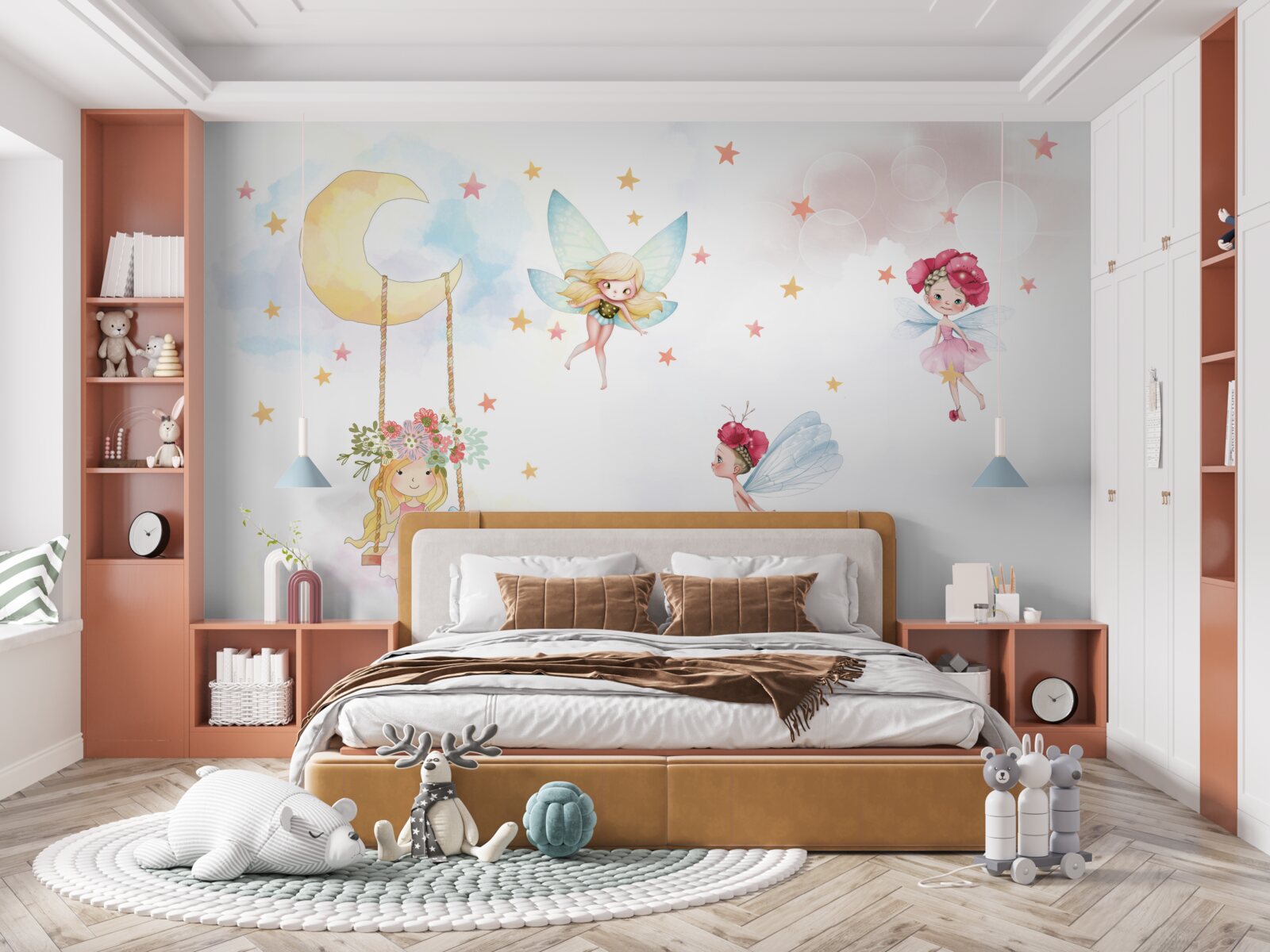 Fototapet copil pe un leagăn și creaturi magice