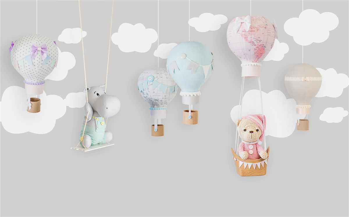 Fototapet ursuleț de pluș și pui de hipopotam pe cer