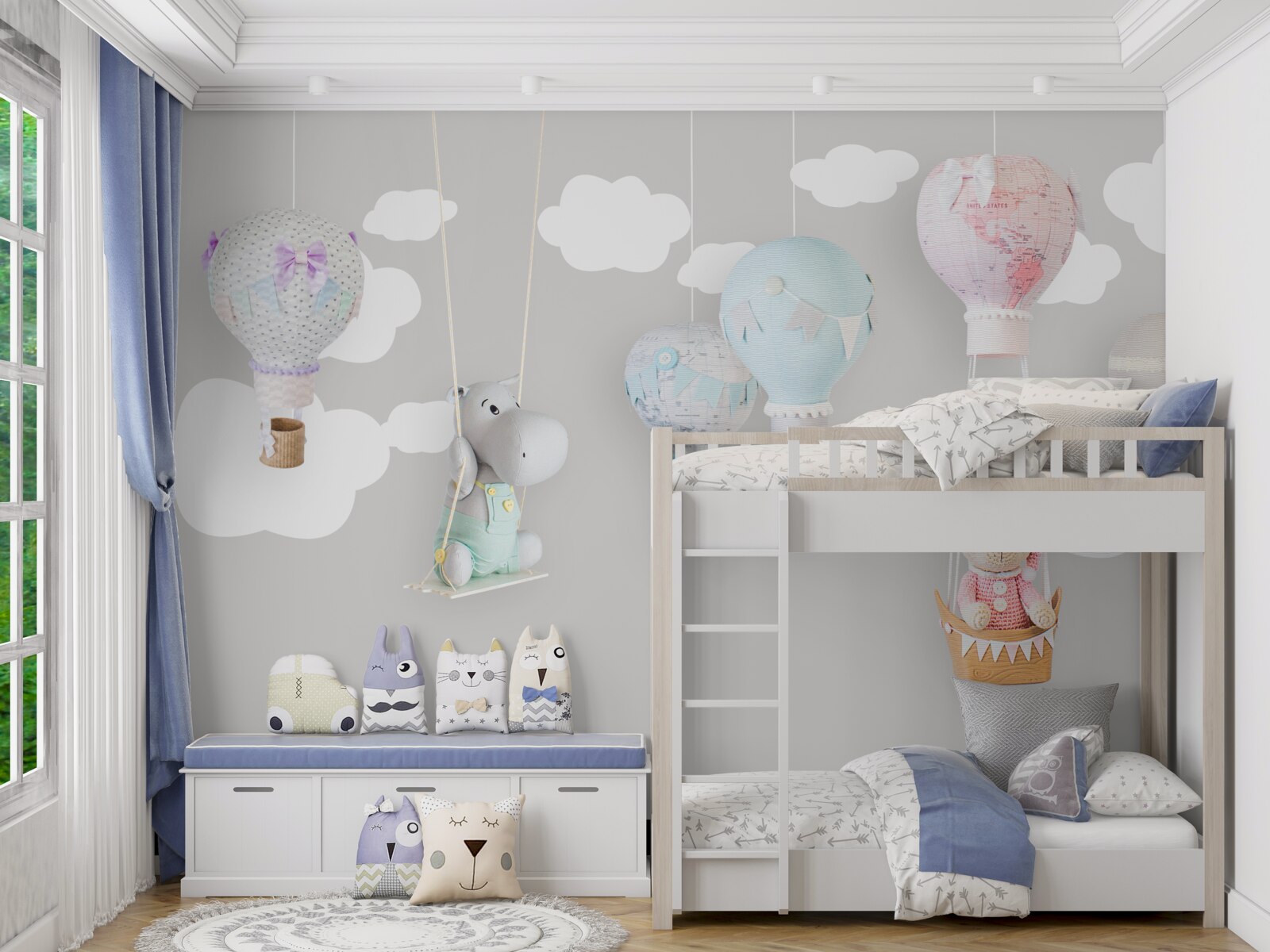 Fototapet ursuleț de pluș și pui de hipopotam pe cer