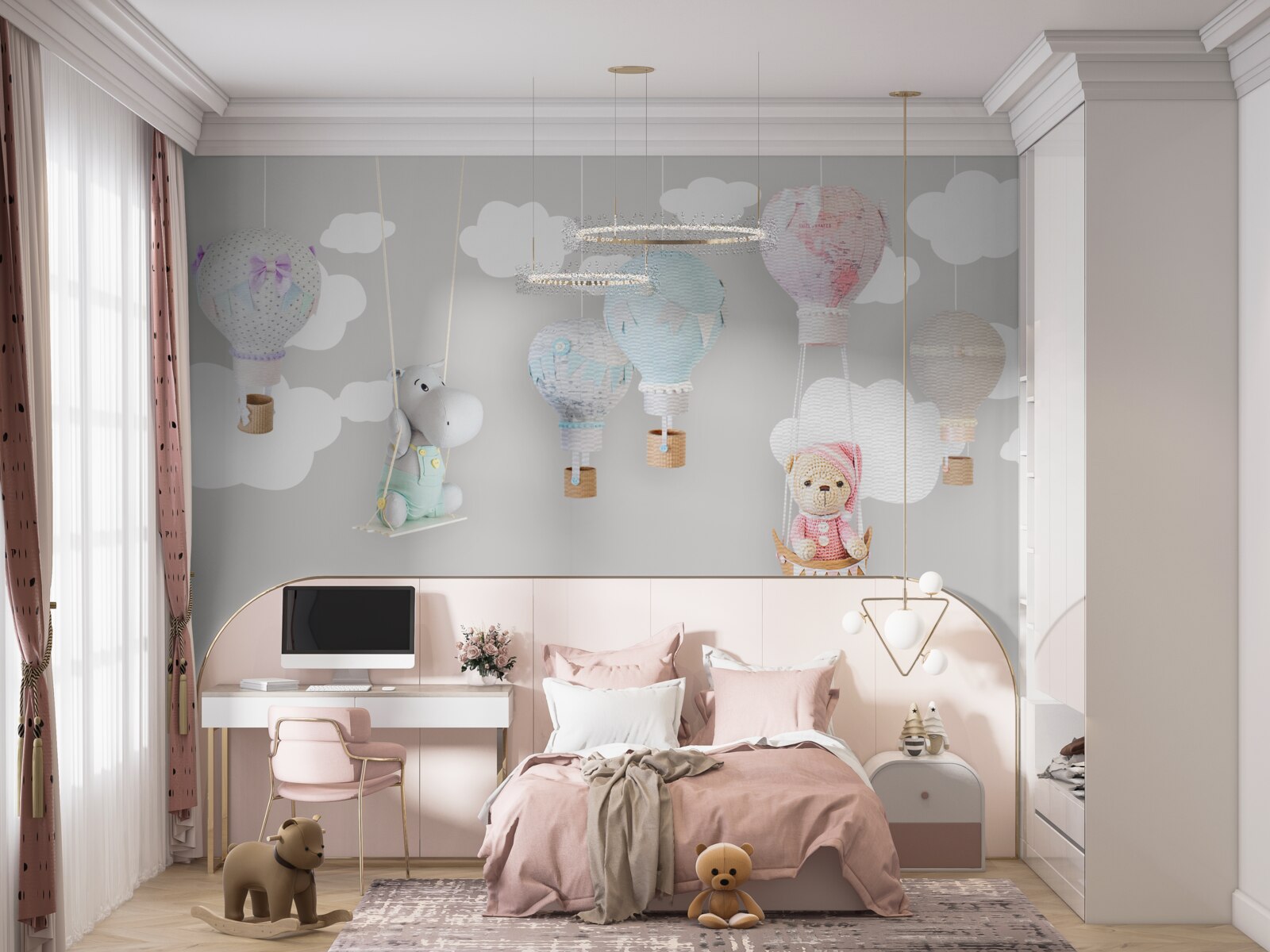 Fototapet ursuleț de pluș și pui de hipopotam pe cer