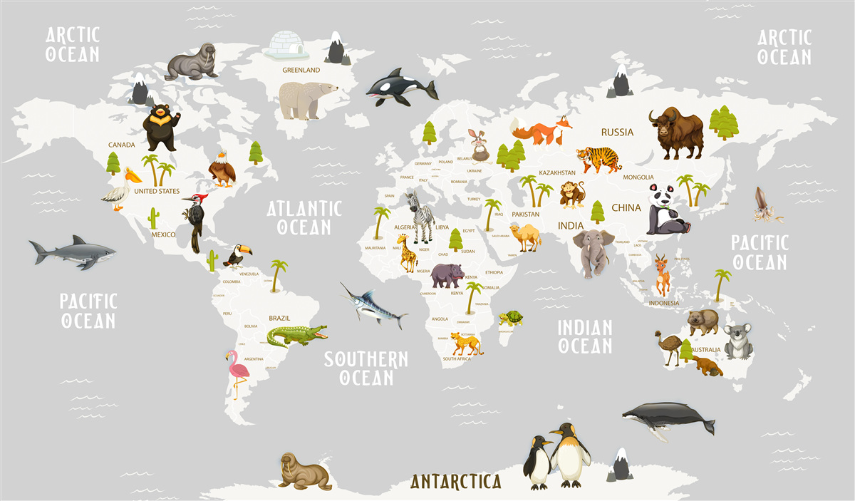 Fototapet hartă cu animale sălbatice