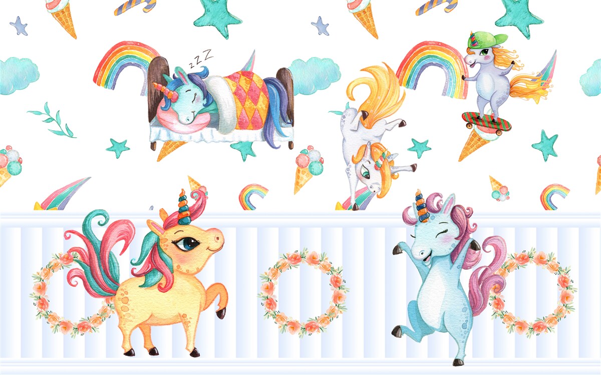 Fototapet unicorni, preocupați de treburile lor, în diferite culori