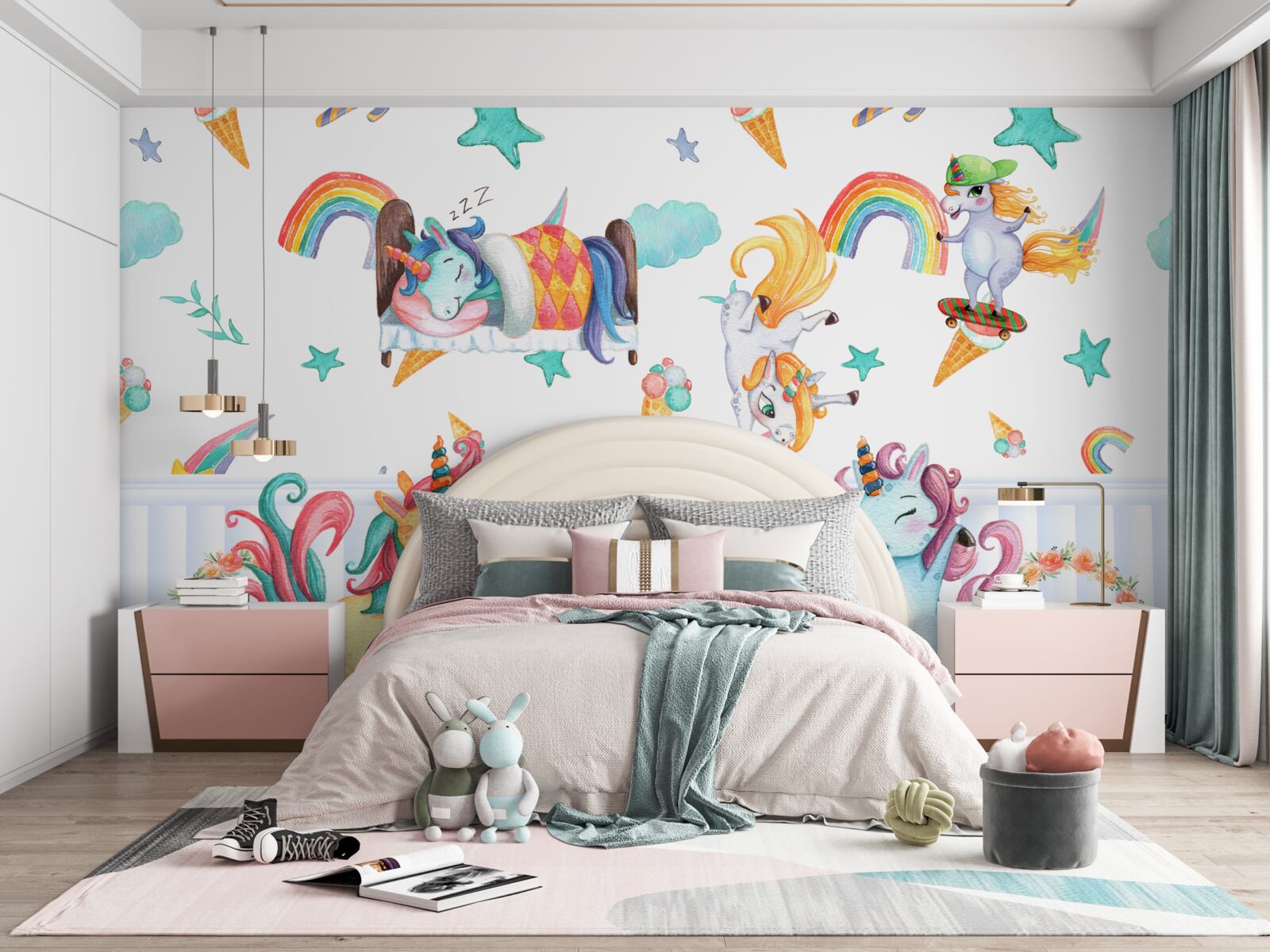 Fototapet unicorni, preocupați de treburile lor, în diferite culori