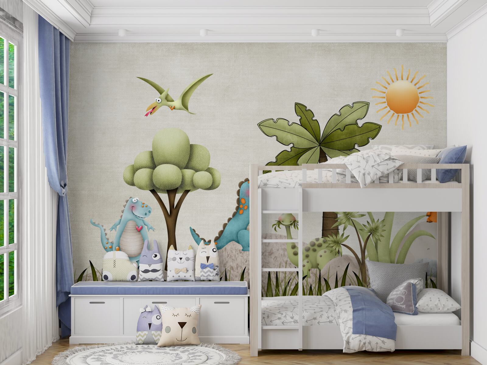 Fototapet dinozauri mici de desene animate în tufișuri verzi