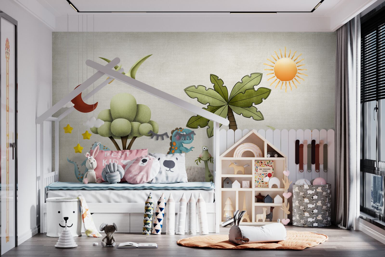 Fototapet dinozauri mici de desene animate în tufișuri verzi