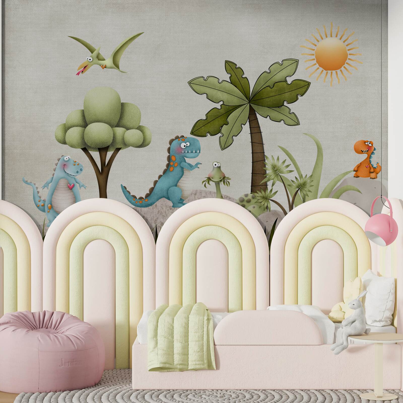 Fototapet dinozauri mici de desene animate în tufișuri verzi