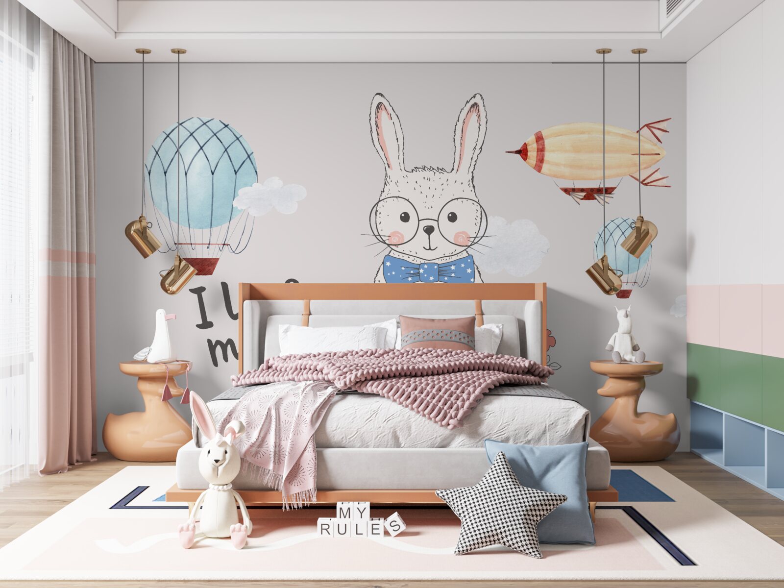 Fototapet iepure în ochelari pe un fundal de vehicule