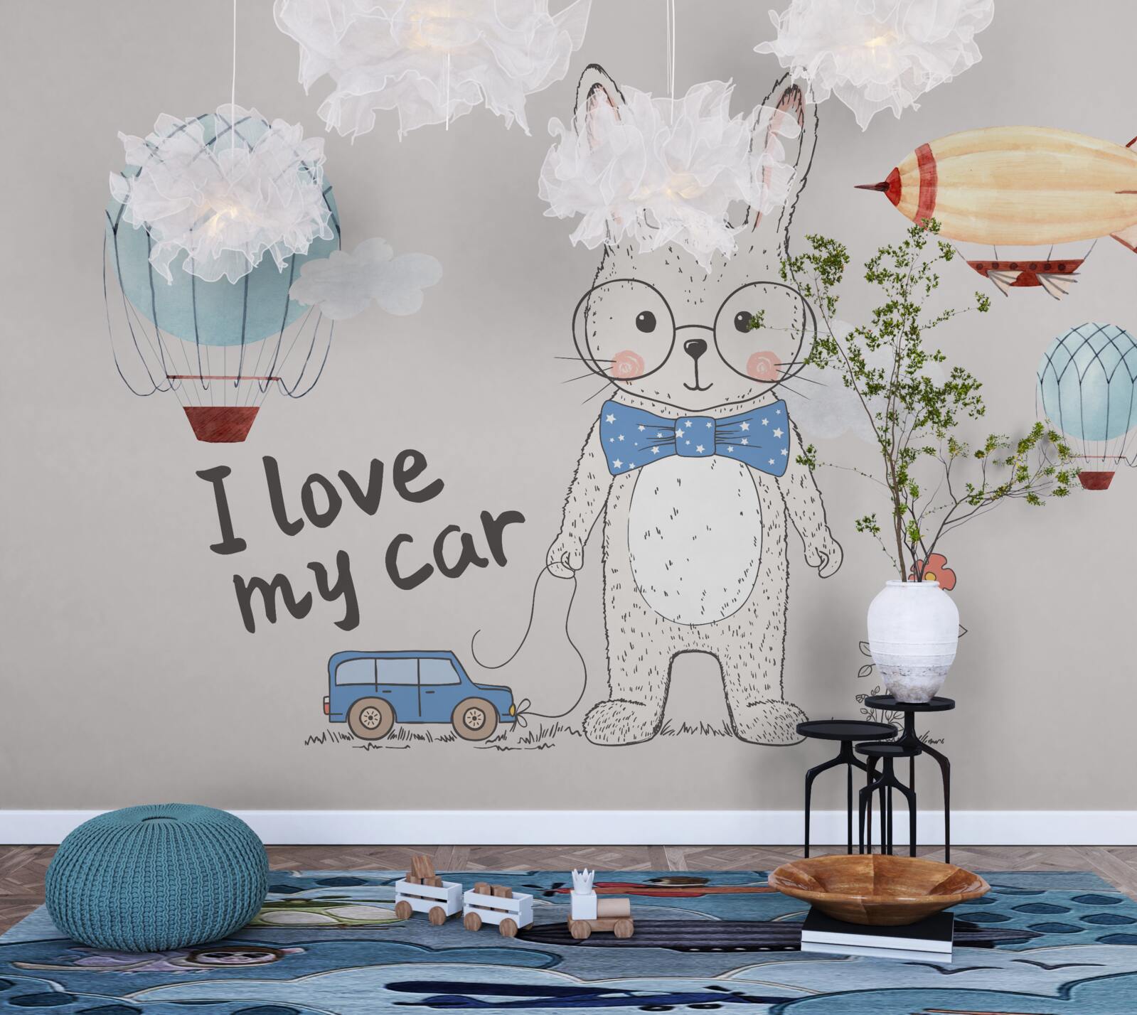 Fototapet iepure în ochelari pe un fundal de vehicule