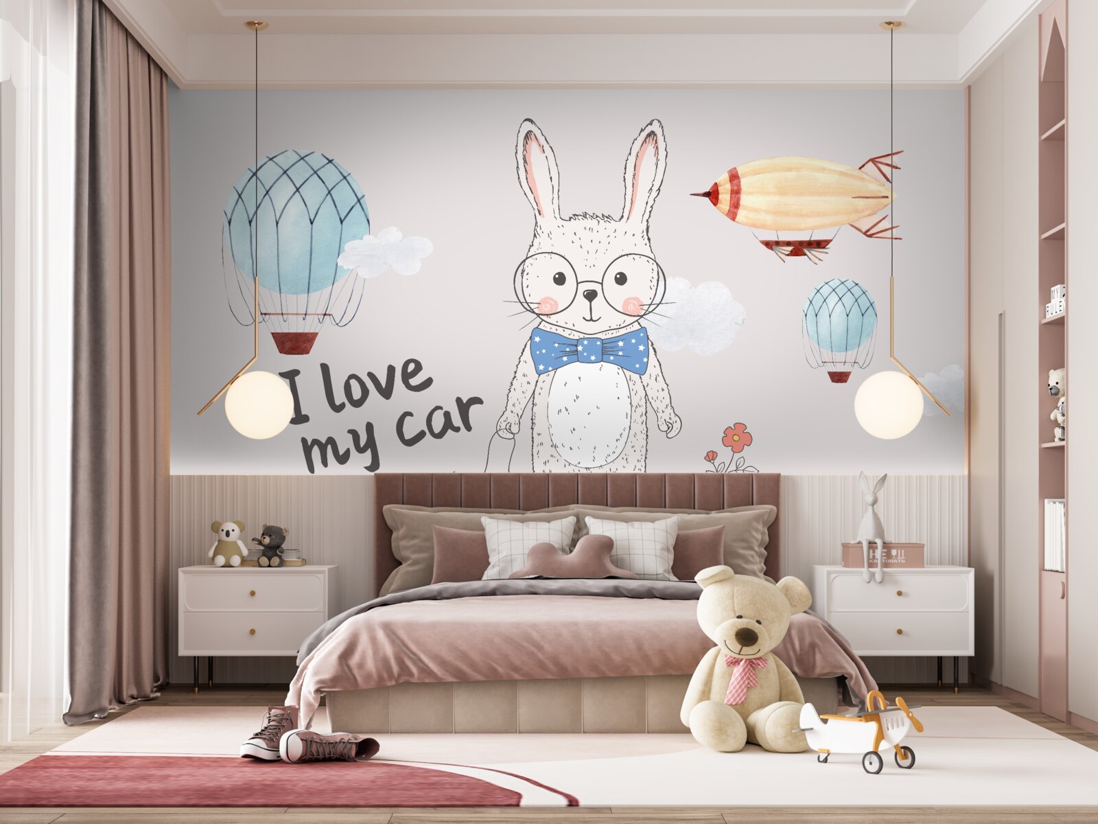 Fototapet iepure în ochelari pe un fundal de vehicule