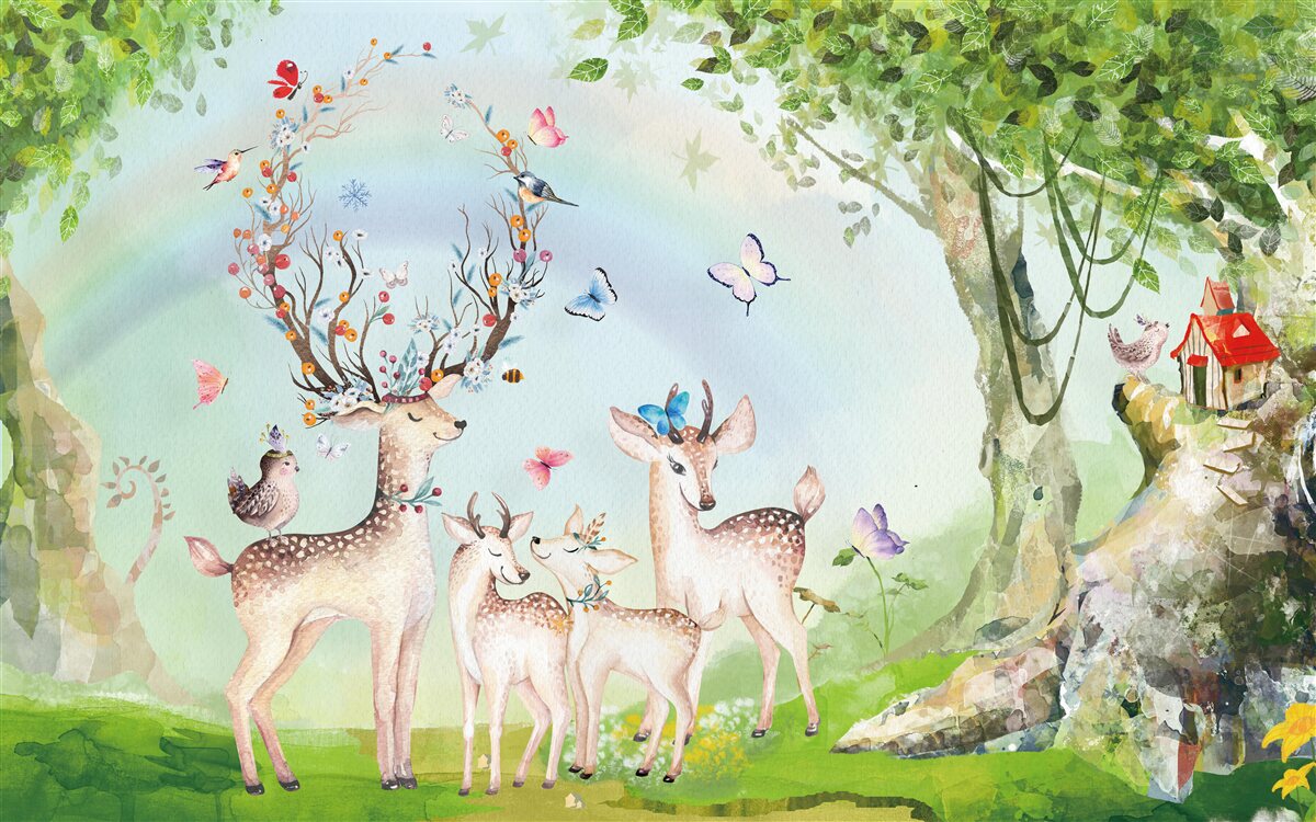 Fototapet o familie de căprioare într-o pădure magică