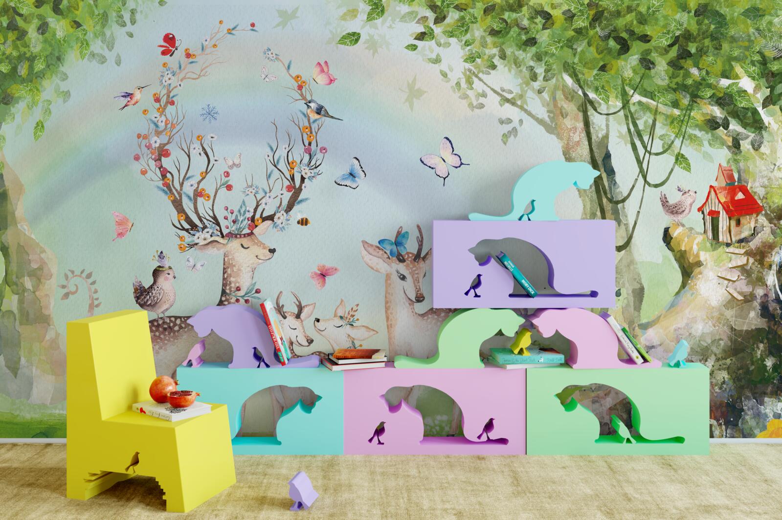 Fototapet o familie de căprioare într-o pădure magică