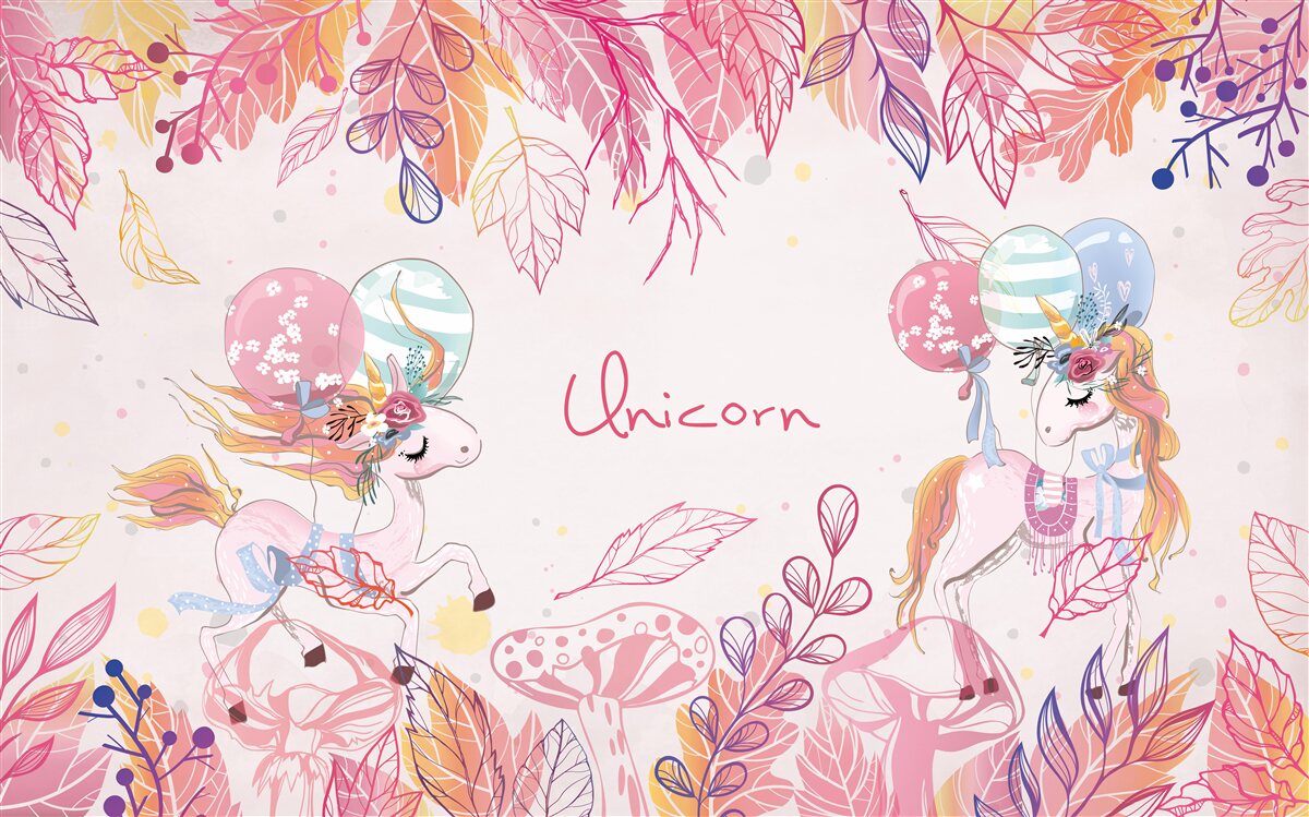 Fototapet unicorni roz cu baloane cu heliu