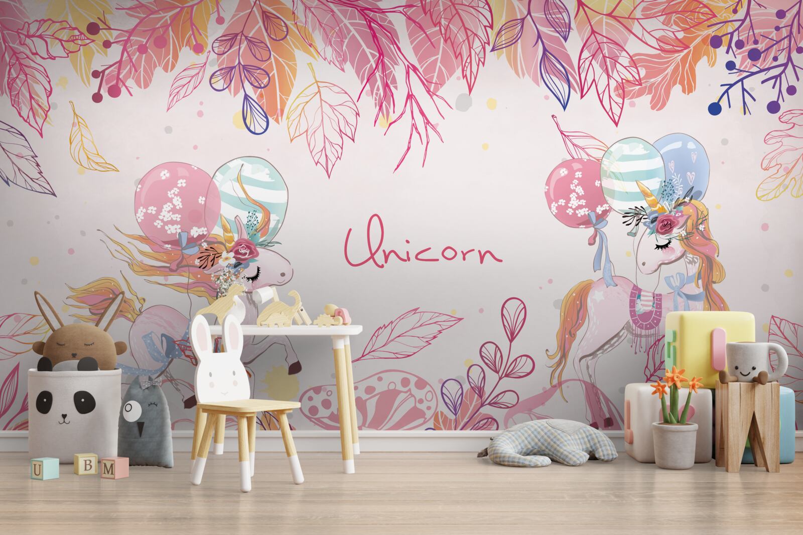 Fototapet unicorni roz cu baloane cu heliu