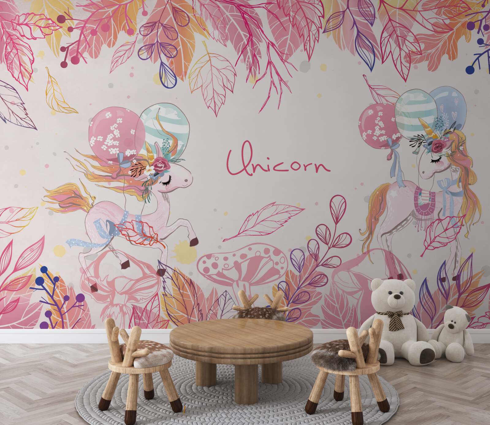 Fototapet unicorni roz cu baloane cu heliu