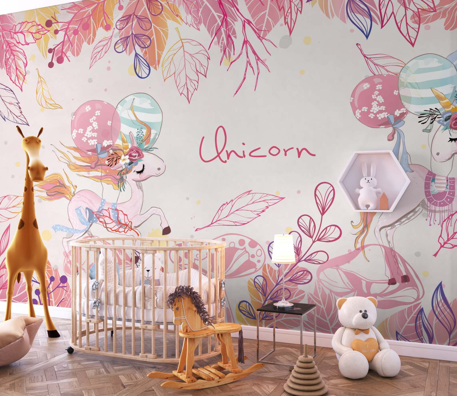 Fototapet unicorni roz cu baloane cu heliu