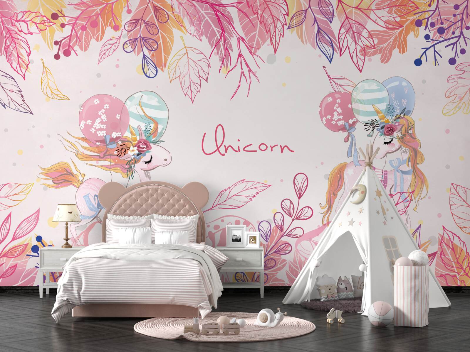 Fototapet unicorni roz cu baloane cu heliu