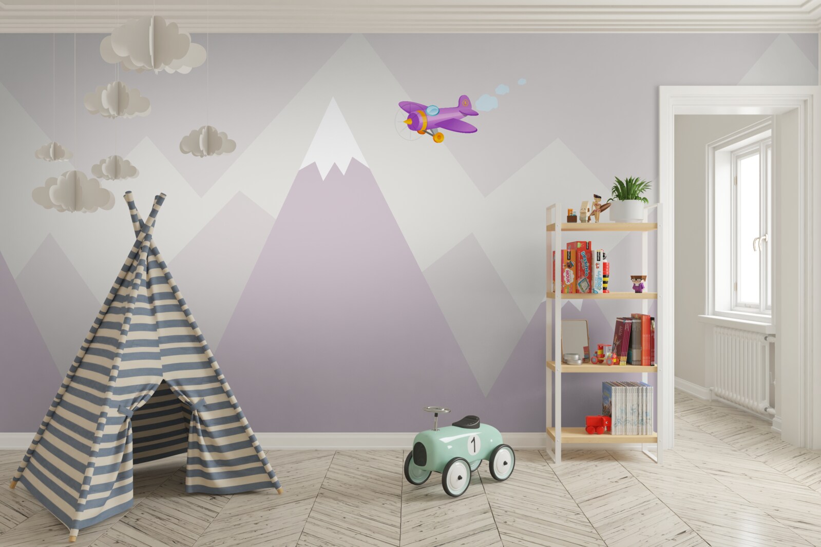 Fototapet camera copiilor este situată pe un fundal de munți