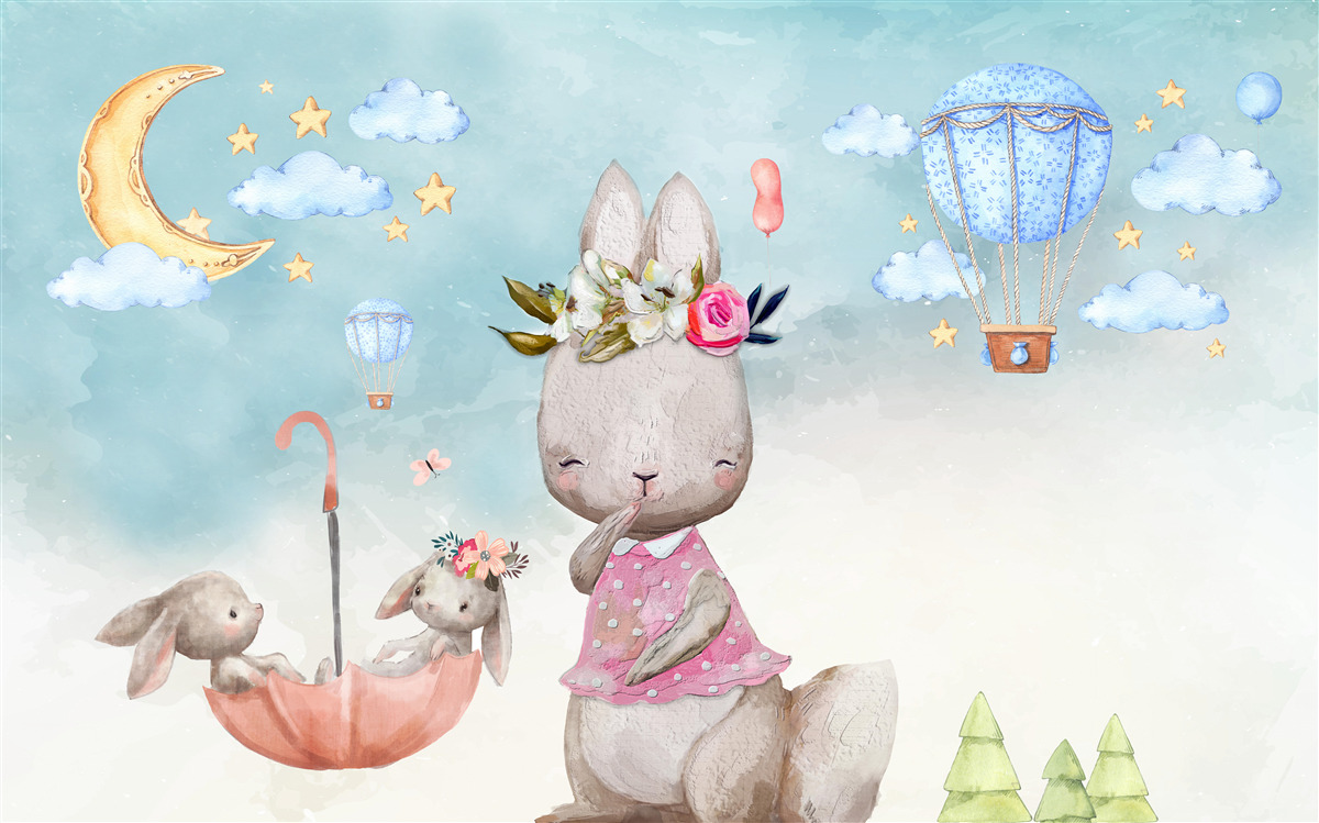 Fototapet iepure cu copii într-o umbrelă