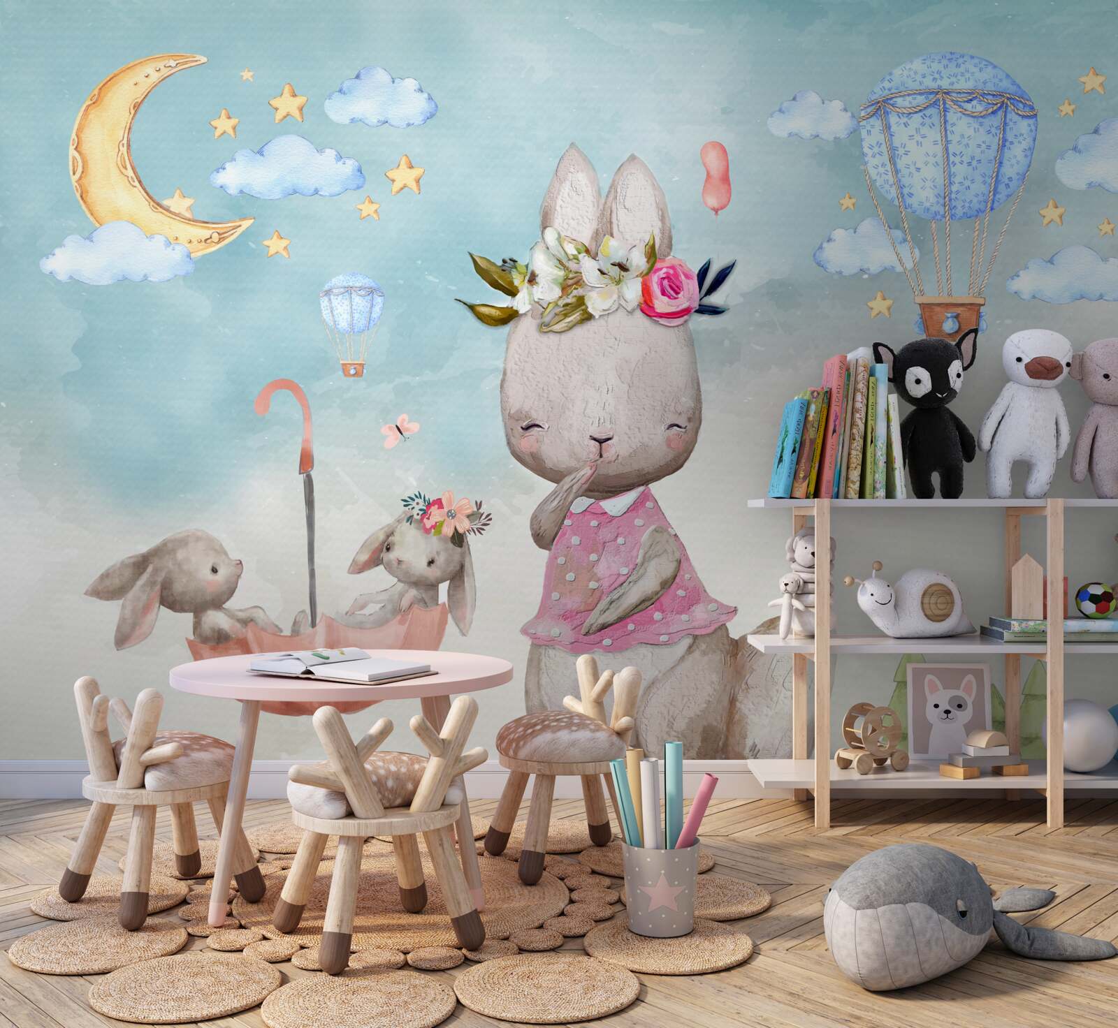 Fototapet iepure cu copii într-o umbrelă