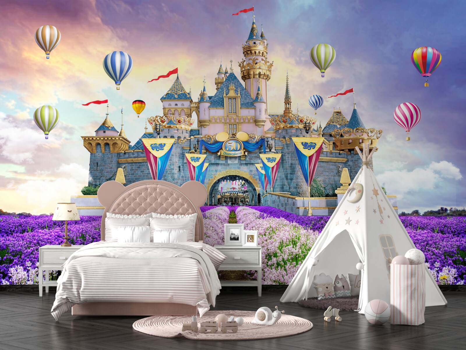 Fototapet câmpuri cu lavandă pe fundalul unui castel magic