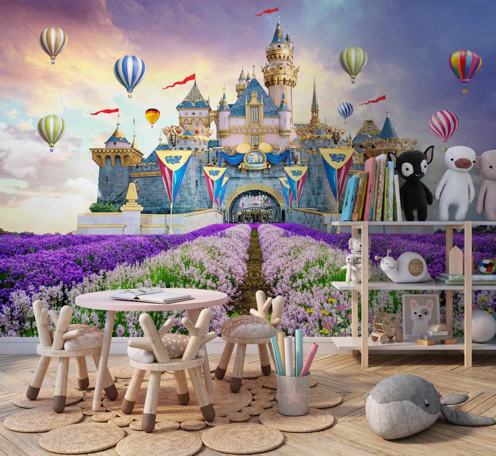 Fototapet câmpuri cu lavandă pe fundalul unui castel magic