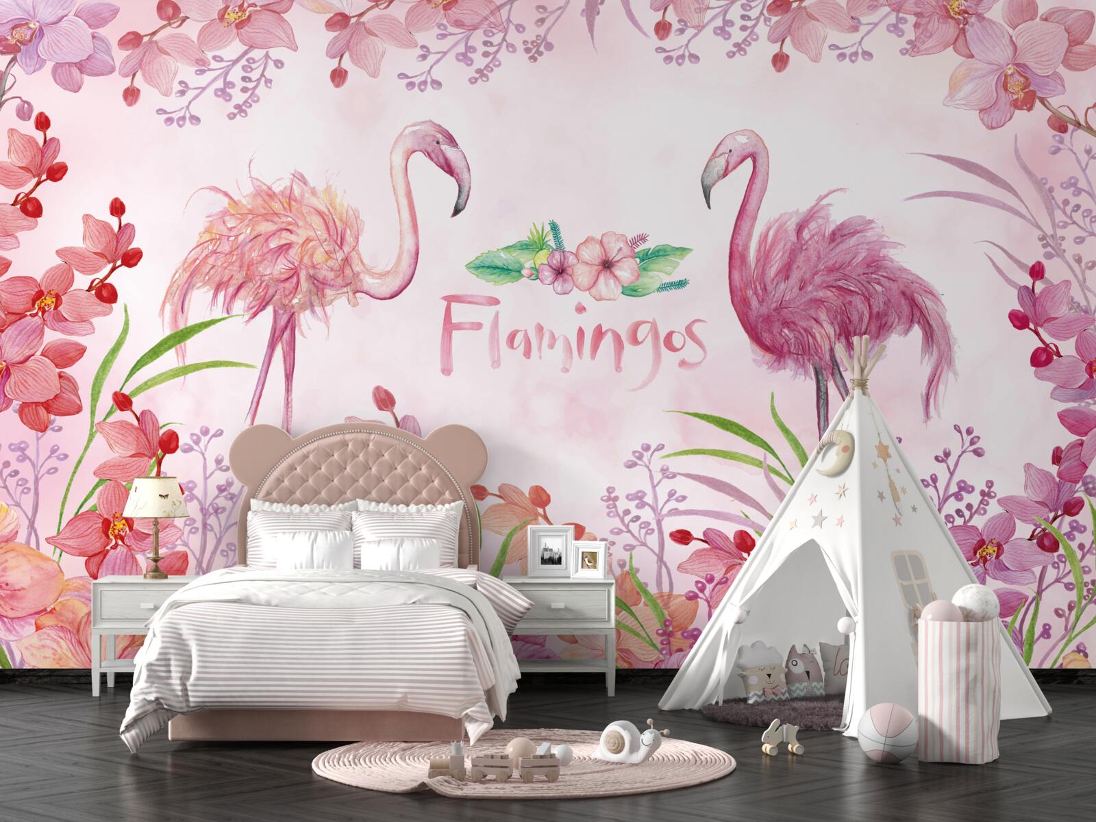 Fototapet flamingo roz printre muguri roz